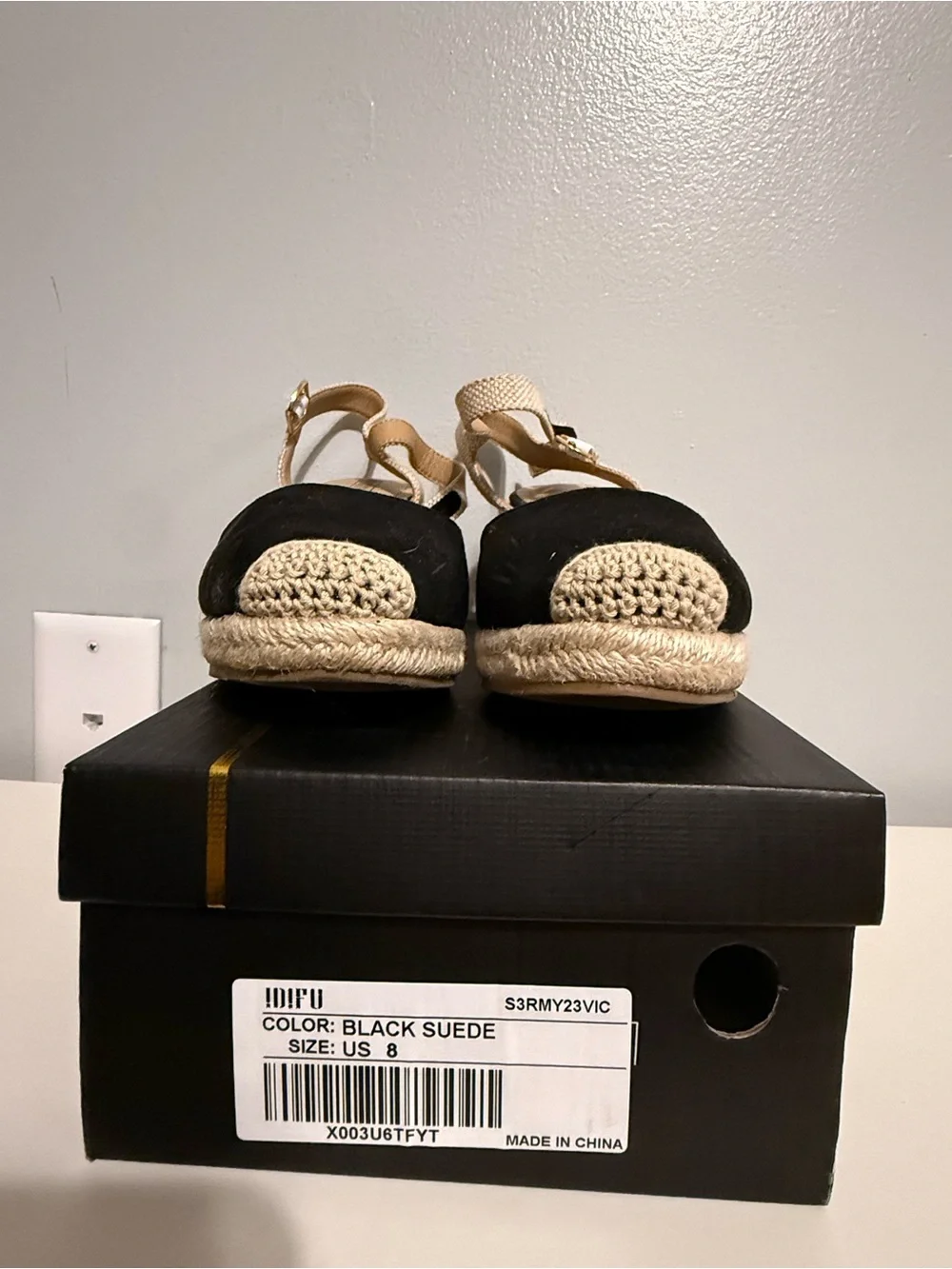 IDIFU Black and Beige Espadrille Wedge Sandals with Ankle Strap